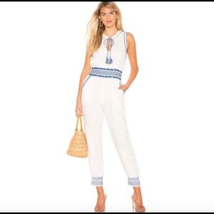 REVOLVE White Jumpsuit with Blue Embroidered Trim